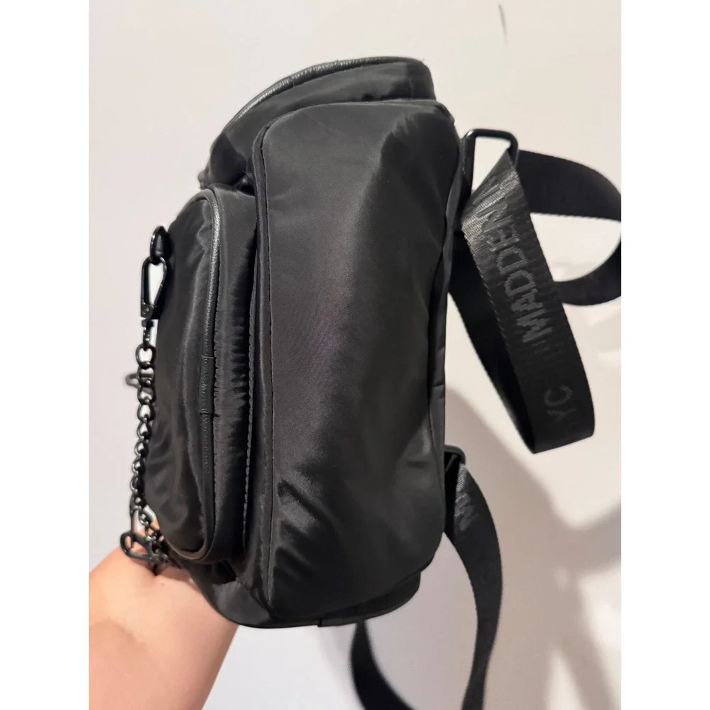 Madden NYC Black Nylon Mini Backpack with Chain Detail and Branded Straps